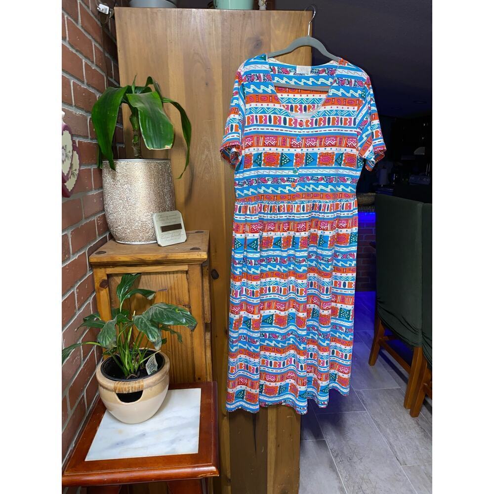Vintage Y2K 80s print Maxi Dress Rainbow Tribal‎ Design by Go Softly size XL